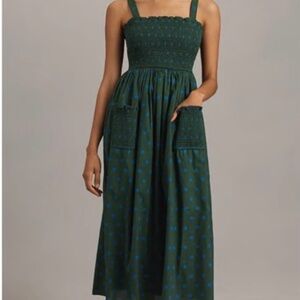 Anthropologie Green Ruched Sleeveless Sundress